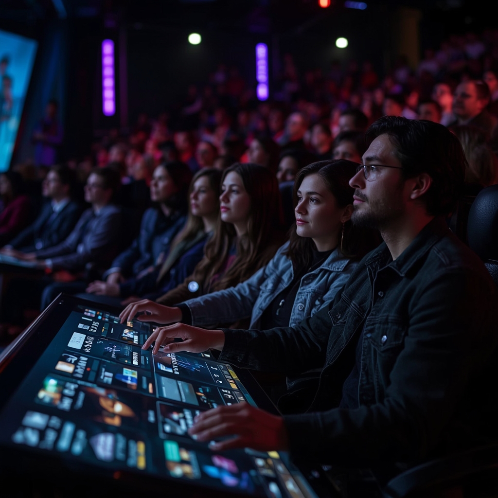 revolutionize - Interactive AI-driven movie experience showing viewers selecting story options via a futuristic interface, am