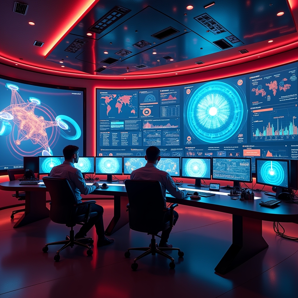 revolutionize - Futuristic control room of a video production studio enhanced with AI technology, multiple screens showing ad