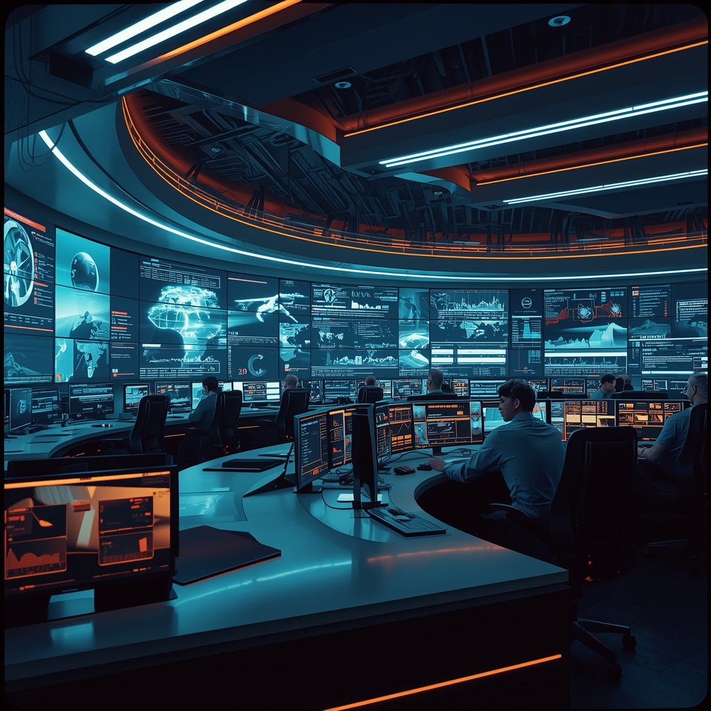 futuristic control room with large screens displaying AI-generated videos, operators monitoring and adjusting settings, vibrant digital maps and data analytics in the background, sleek and modern design, high-tech ambiance