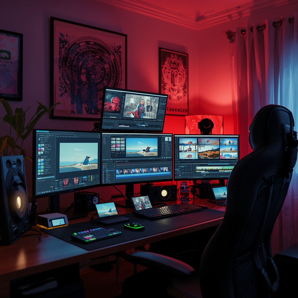 revolutionize - editor's workspace showing multiple screens with AI software running, editing tools open with timelines and v