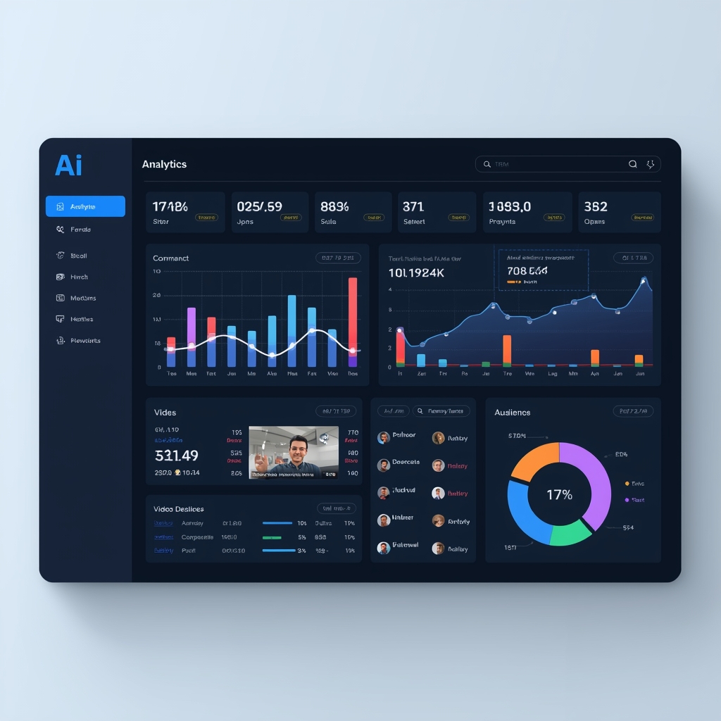 revolutionize - AI analytics dashboard showing real-time data and metrics, colorful charts and graphs displaying audience eng