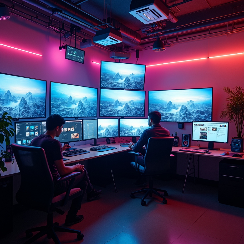 A bustling creative studio with multiple screens displaying AI-generated video content, vibrant mood lighting, professionals engaged in video editing, modern, sleek design with futuristic elements, high-tech ambience, 8k quality