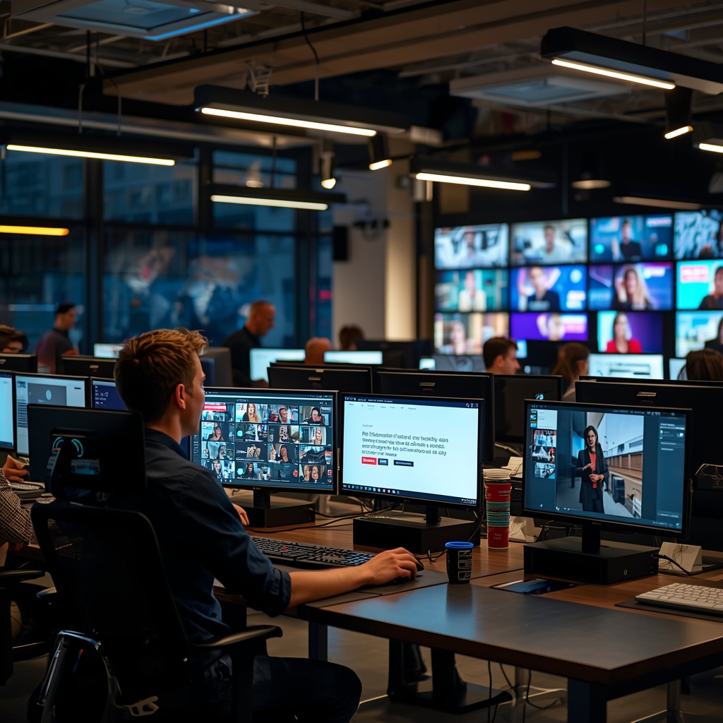a bustling digital marketing agency with teams using advanced AI video generation tools on high-tech computers, vibrant screens displaying personalized video content, modern and sleek office design, high energy and creative atmosphere, 8k quality