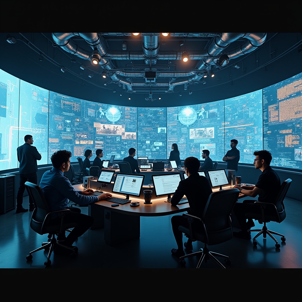 unlocking - a futuristic control room with large screens displaying AI-generated video content, diverse team of creators stra