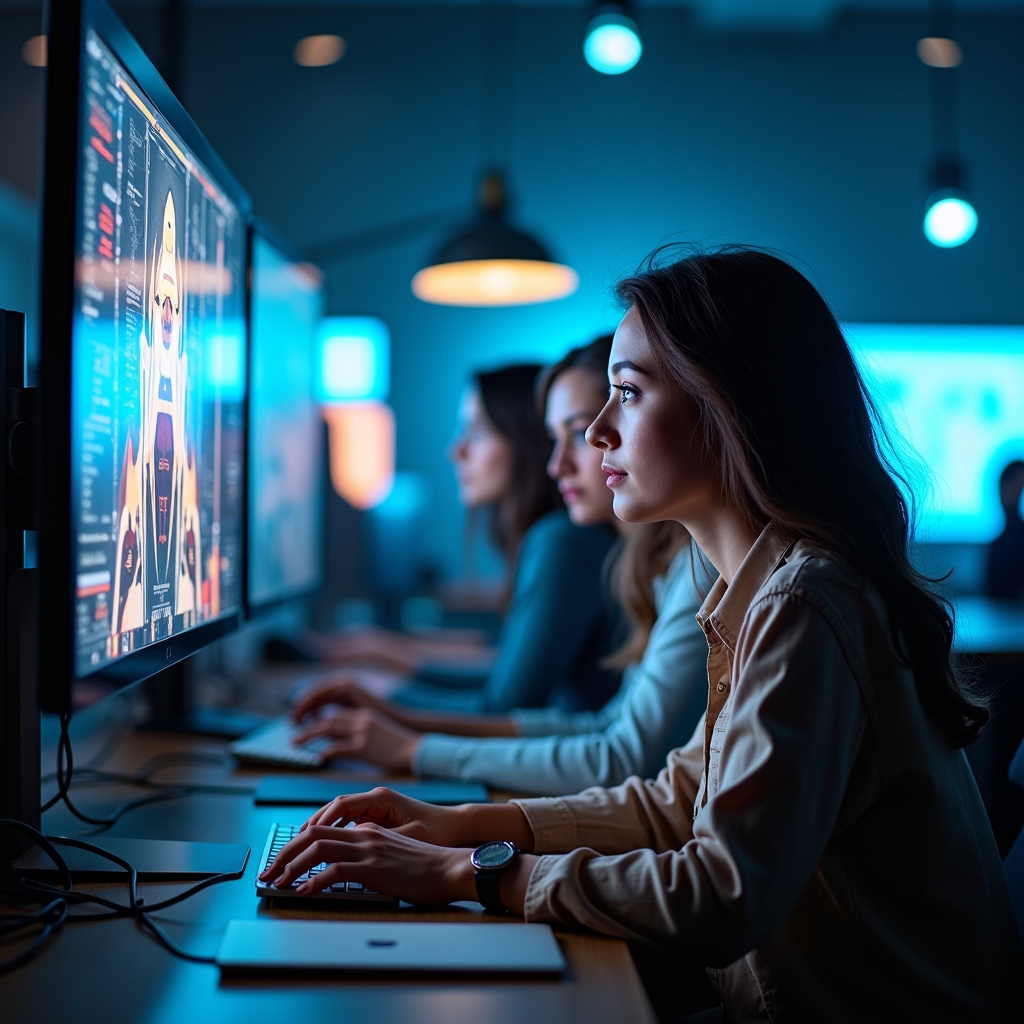 unlocking - a visionary portrayal of a 2026 creative studio, diverse team engaged in AI video editing on futuristic transpare