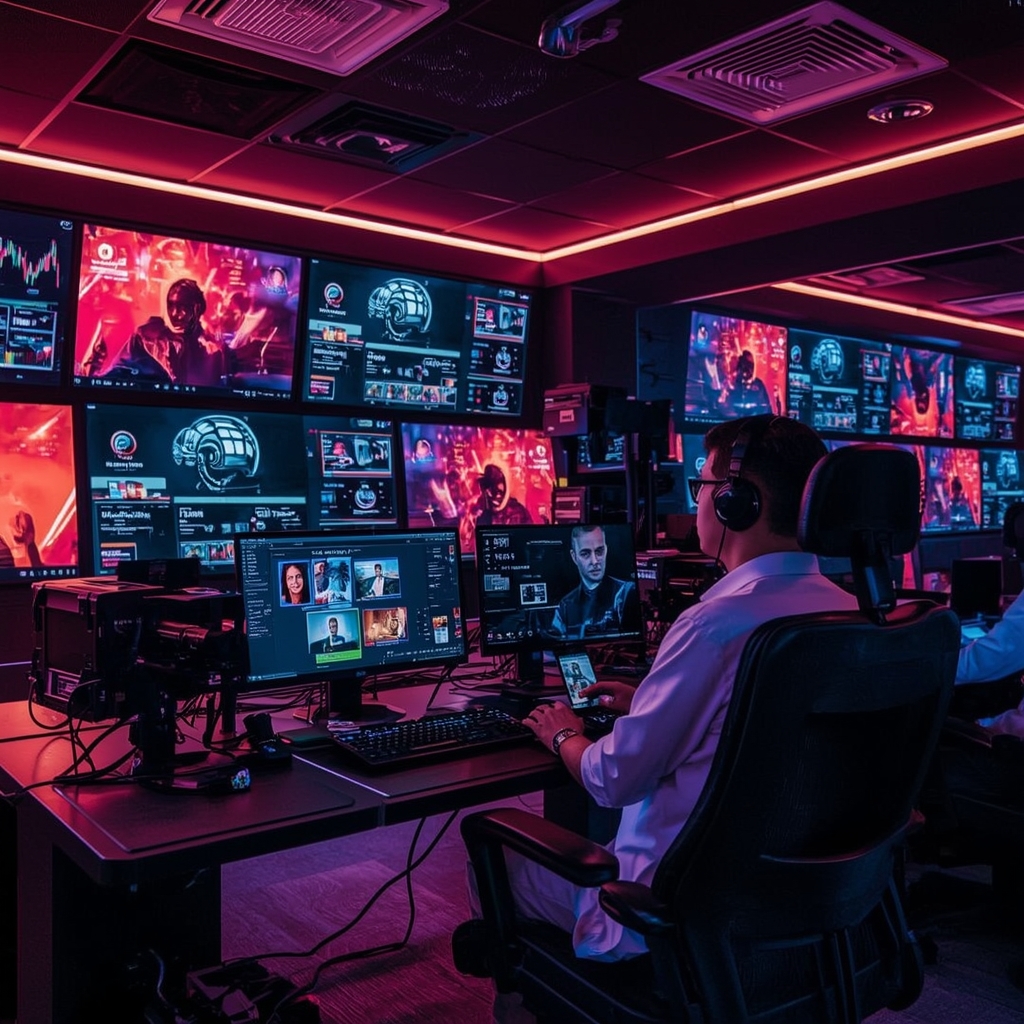 Futuristic video editing suite with multiple screens displaying AI-driven video analytics, vivid colors, high-tech environment, professionals using advanced tools for video personalization, mood is cutting-edge and innovative