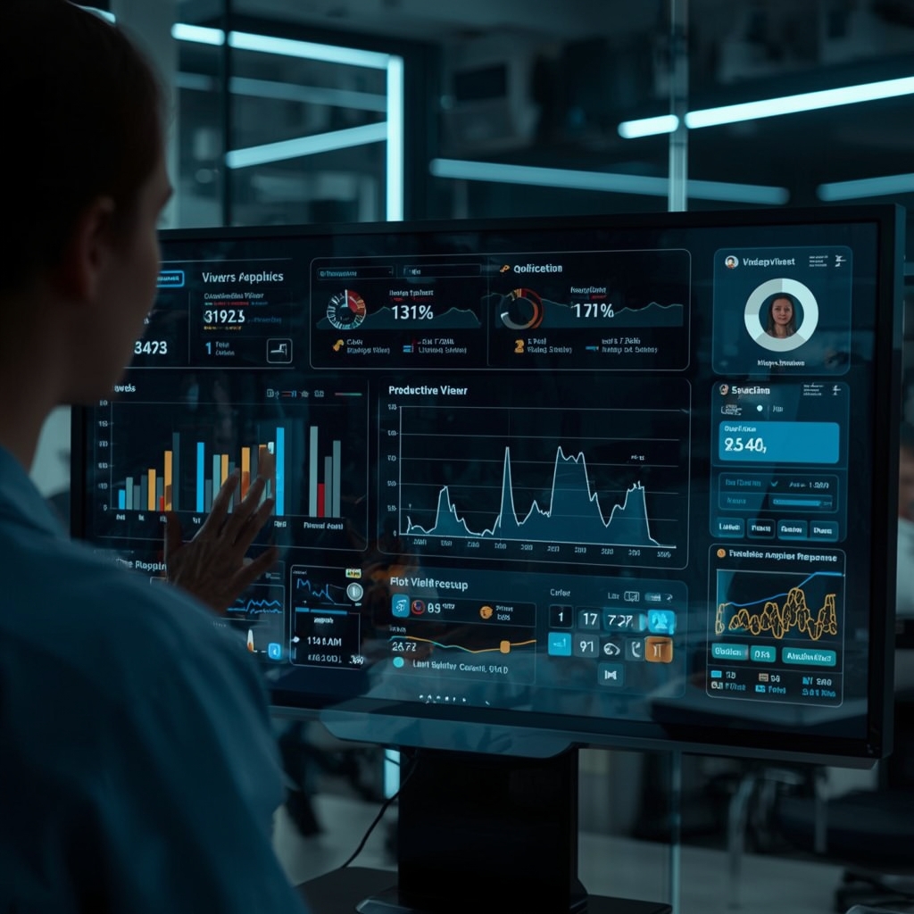unlock - Futuristic AI analytics dashboard showing predictive viewer preferences, interactive video elements in use, emotiona