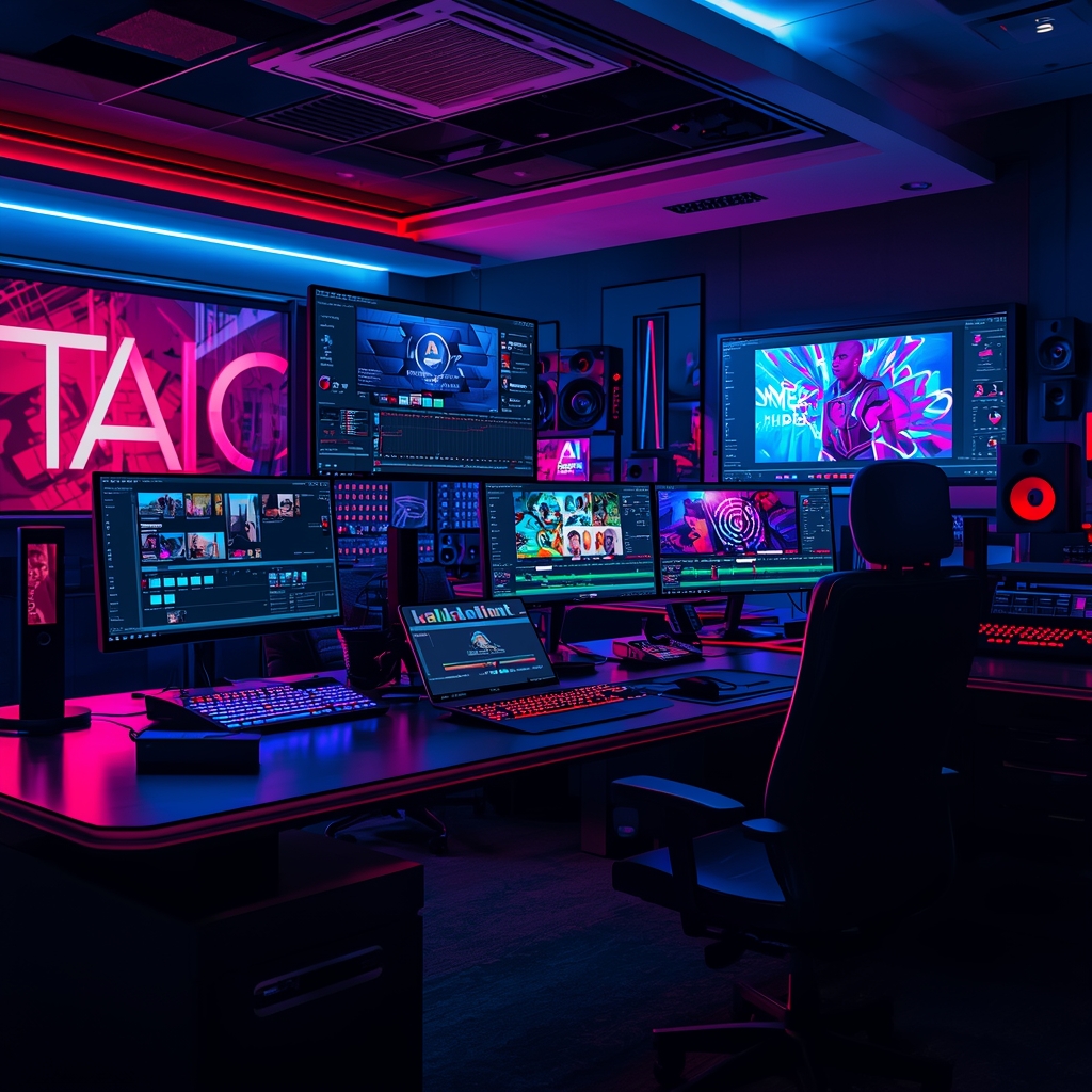 a high-tech video editing suite with multiple screens displaying advanced AI tools, vibrant graphics, and video timelines, showcasing a bustling environment of creativity and technology, with a focus on modern, sleek design elements