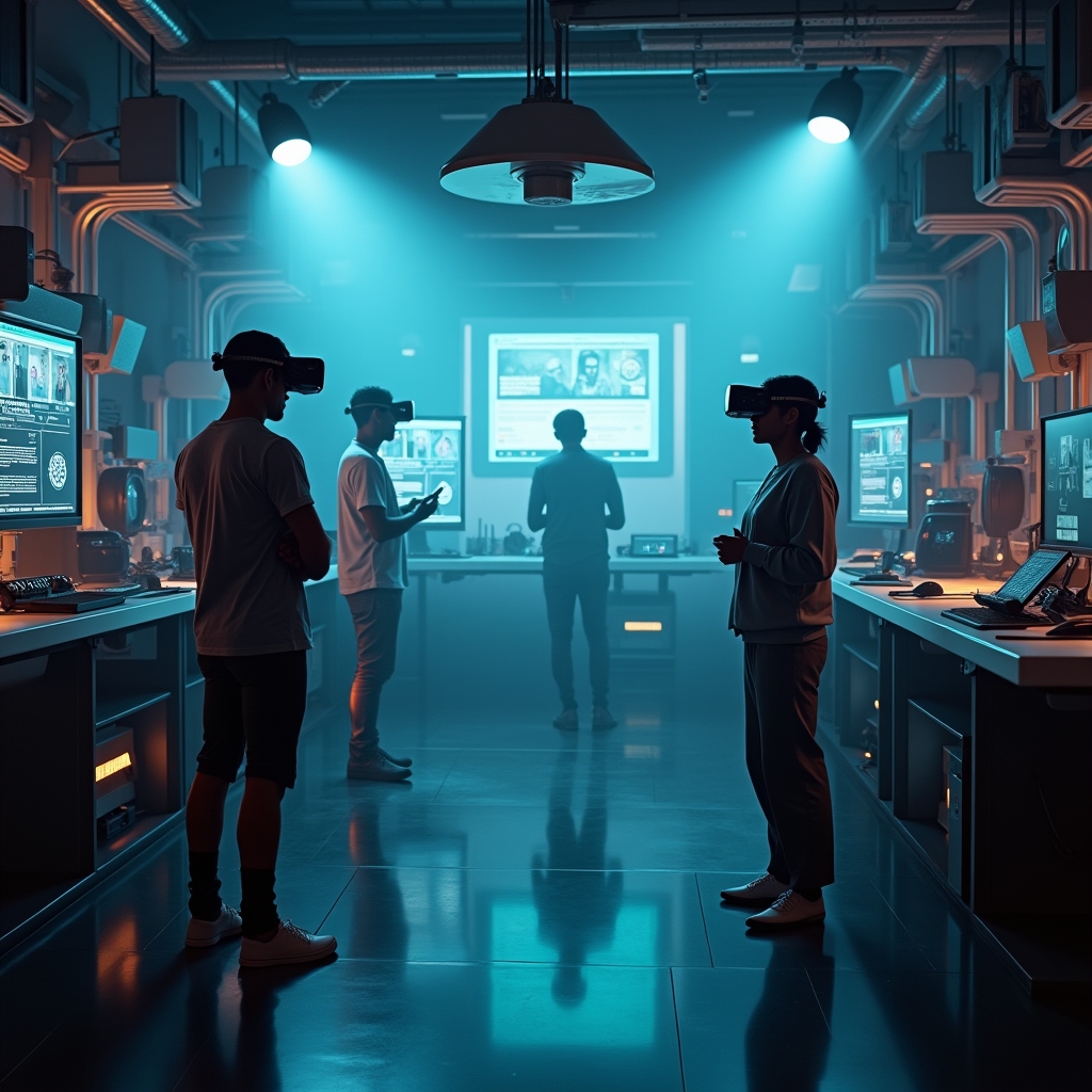 unlocking - an AI-powered film set showing virtual characters interacting in a digitally created environment, filled with fut