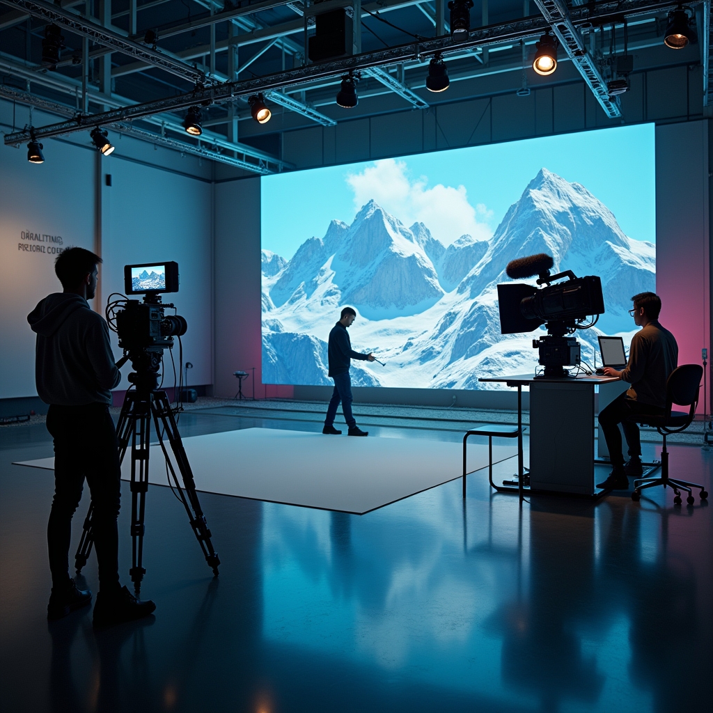 unlocking - a cutting-edge video production studio with AI-driven cameras and lighting, capturing a scene with hyper-realisti