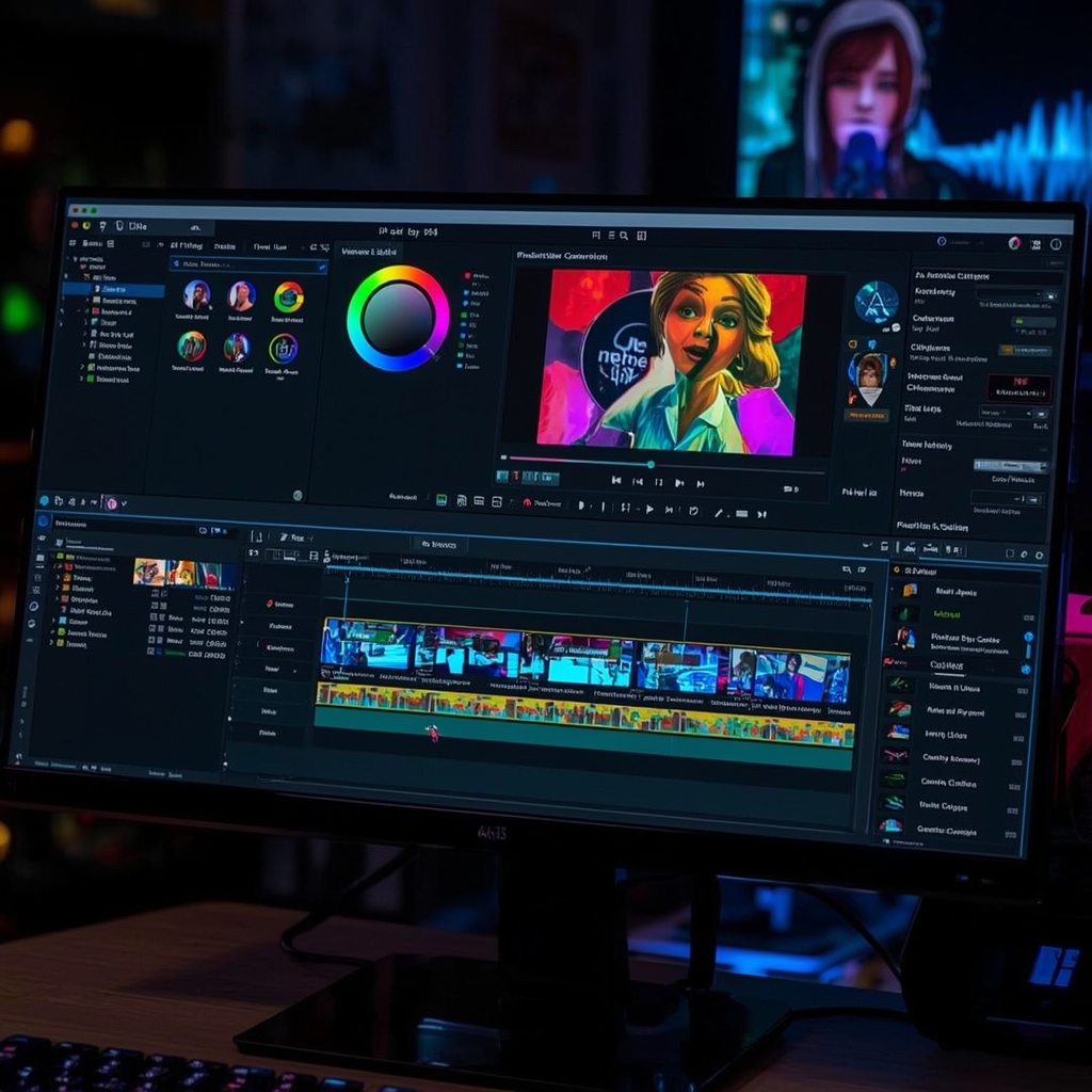 AI software interface on a computer screen displaying video editing options, vibrant color grading tools, and CGI character generation modules, high-tech, futuristic, with a focus on user interaction and AI suggestions, 8k quality