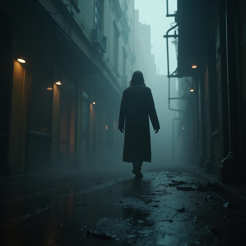 revolutionizing - Dynamic cinematic trailer scene generated by AI showing a dramatic reveal of a CGI character in a dystopian