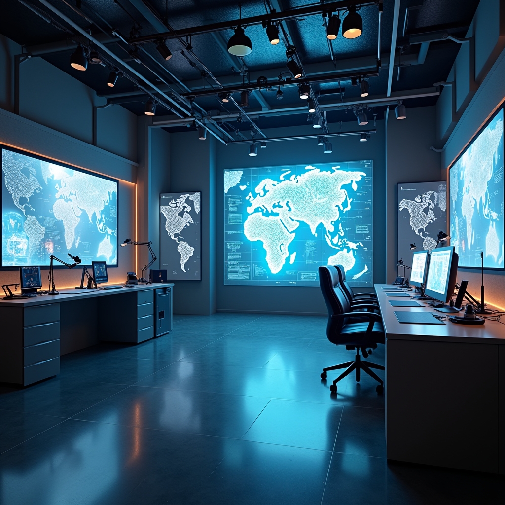 revolutionizing - Futuristic film production studio enhanced with AI technologies, featuring virtual reality stations, hologr