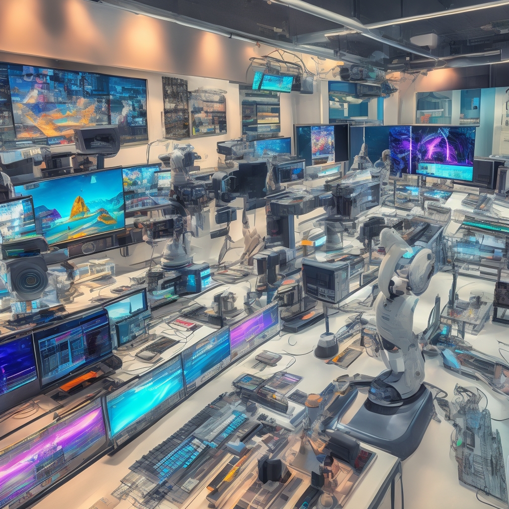 A dynamic video editing suite showcasing AI tools in action, with screens displaying various video editing software, colorful graphs analyzing viewer engagement, and a digital timeline of video production processes, vibrant and modern