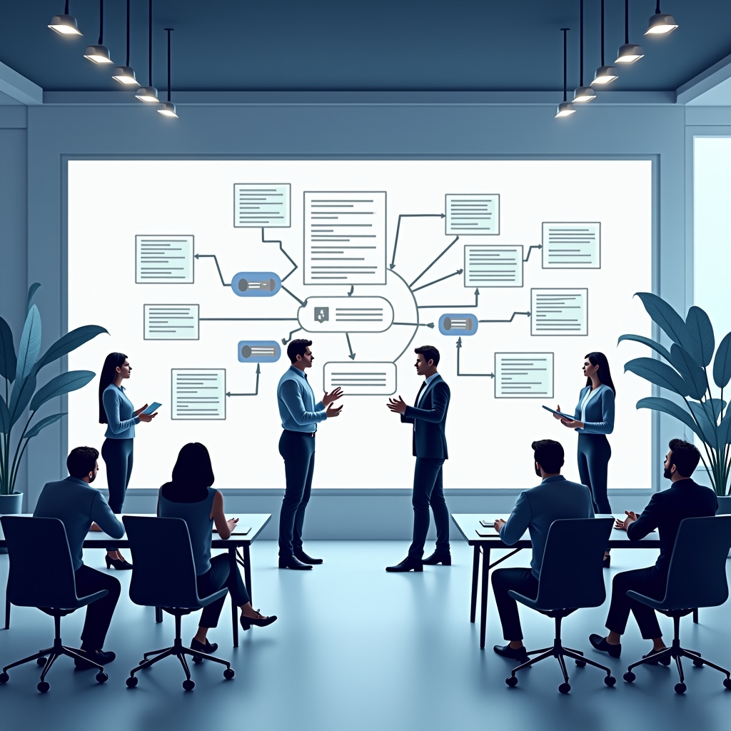 unlock - A brand meeting room with a large digital screen showing a flowchart of generative content strategies, surrounded by