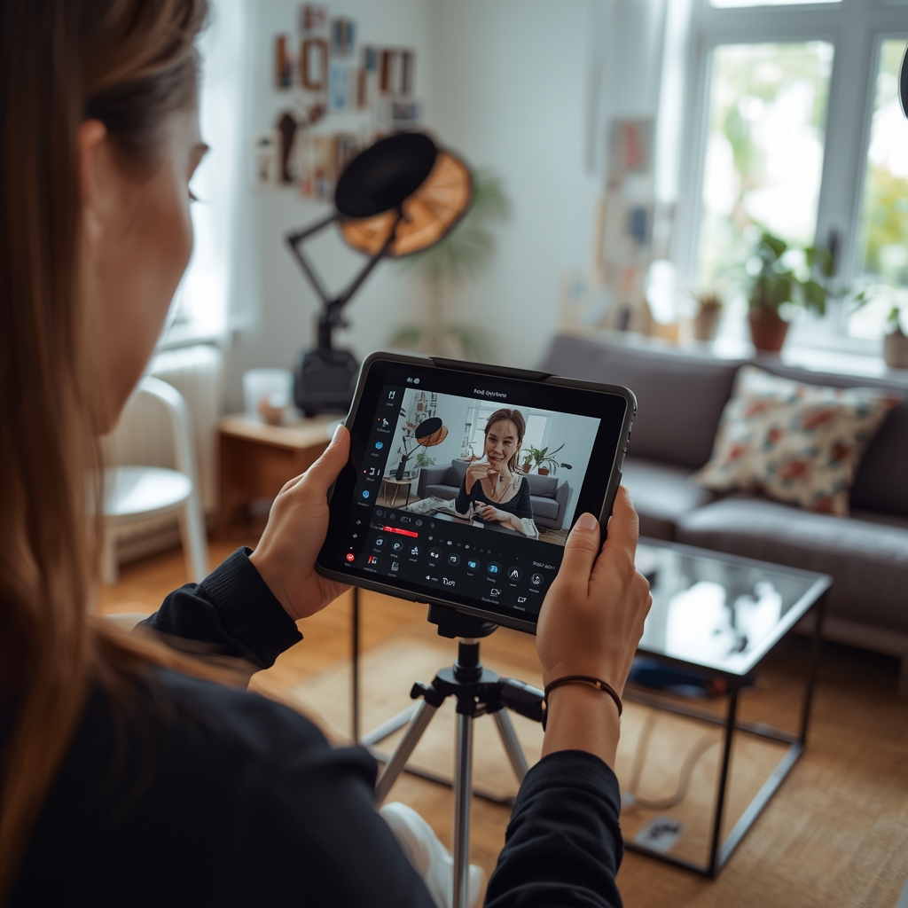unlock - An influencer recording a video in a well-decorated home studio, using advanced AI tools on a tablet to edit and per