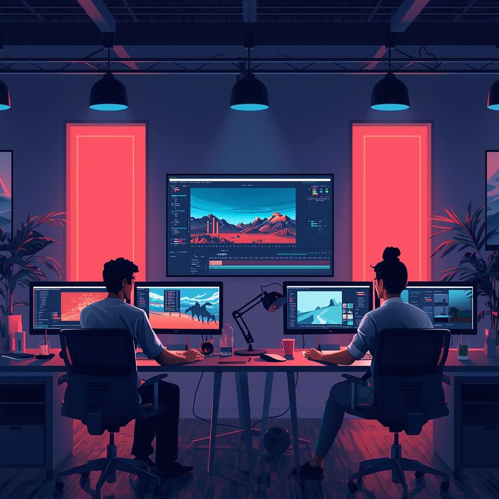 revolutionizing - a busy creative studio with multiple screens displaying AI video editing software, artists tweaking AI-gene
