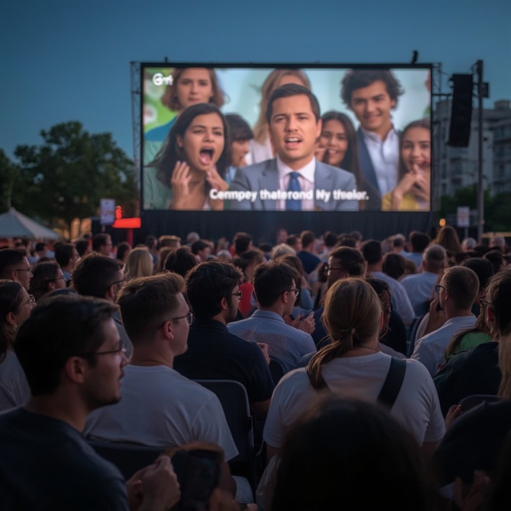 revolutionizing - an audience reacting emotionally to a brand story video on a large outdoor digital screen, evening setting,