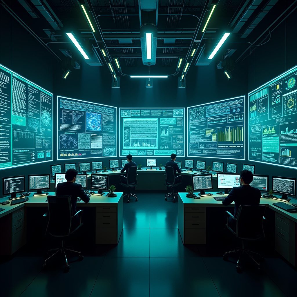 futuristic control room with large screens displaying various AI algorithms at work, neon blue and green lights, technicians monitoring real-time data, high-tech, immersive environment