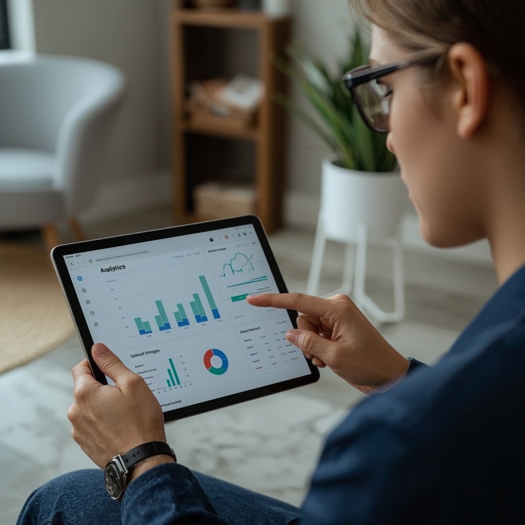 revolutionize - influencer reviewing analytics on a digital tablet, personalized content displayed on the screen, modern home