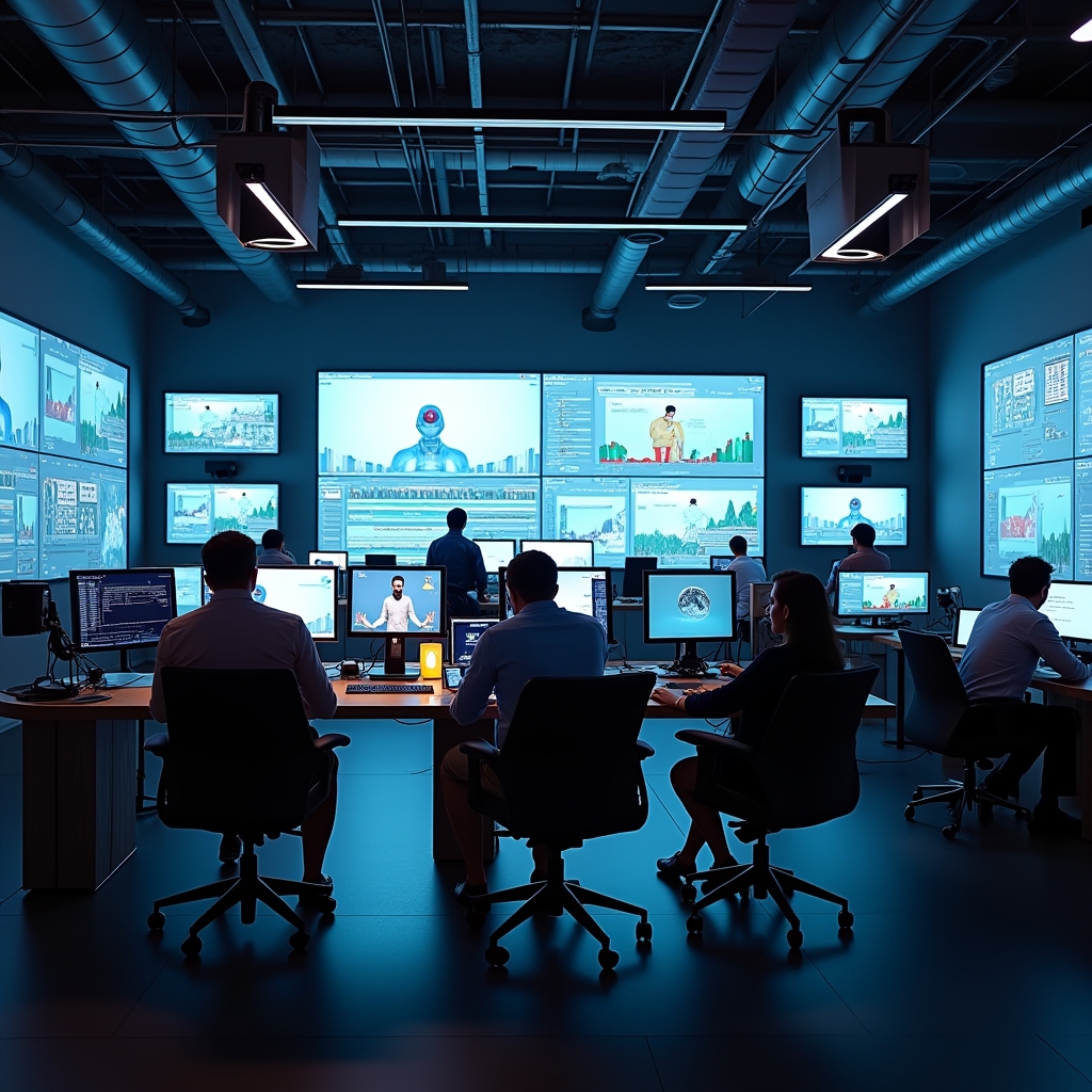 futuristic video production studio with cutting-edge AI technology, multiple screens displaying advanced video analytics, a diverse team of creators using virtual reality equipment to edit films, ambient lighting, high-tech, 8k quality