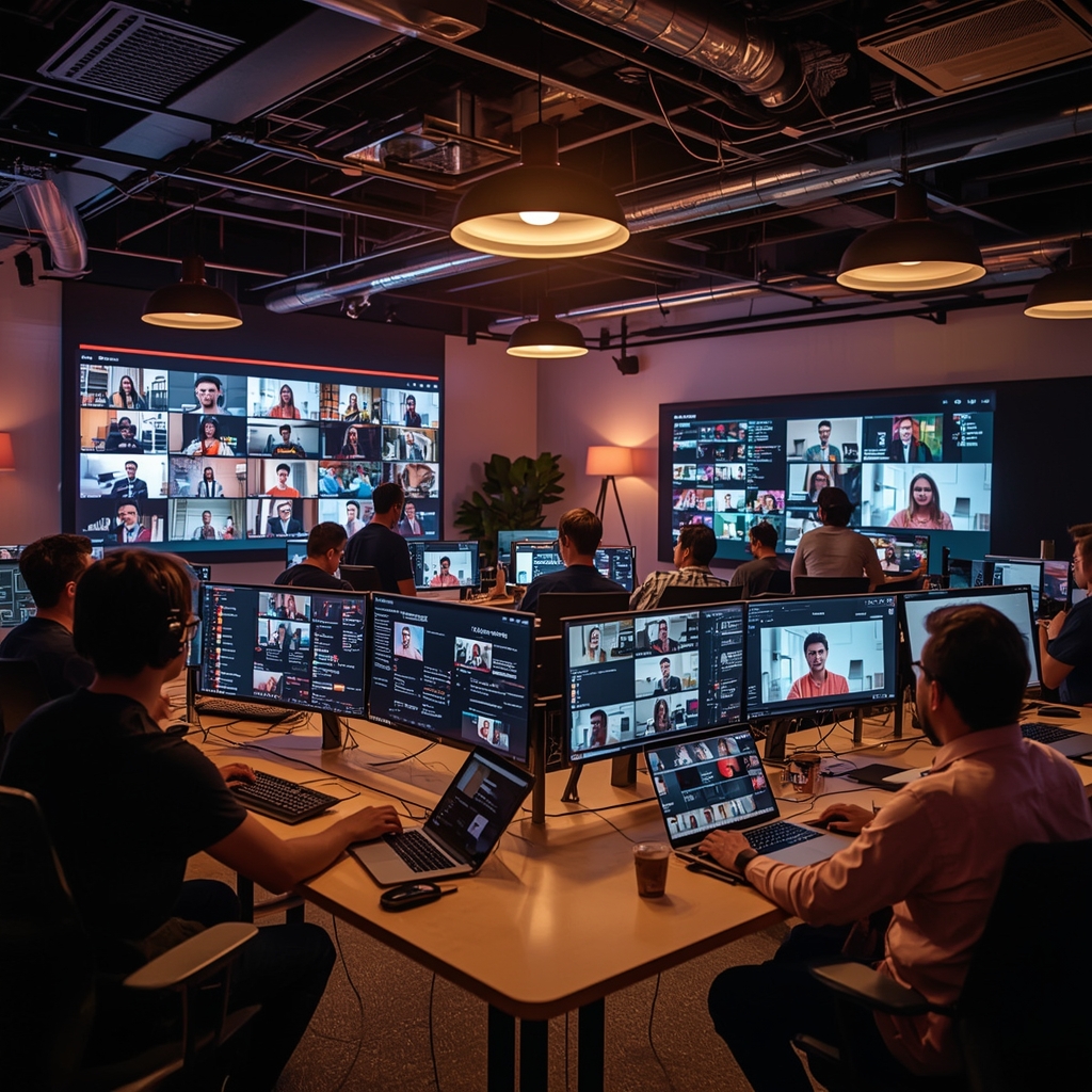 A bustling digital content creation studio in 2026, with creators using advanced AI-driven tools on large, sleek monitors, displaying dynamic, personalized video content, vibrant and full of life, in a modern, high-tech workspace