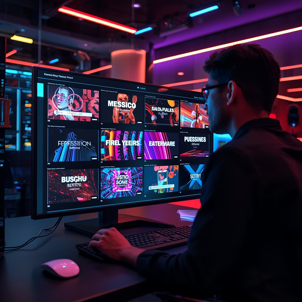 unlock - An influencer reviewing multiple video templates and effects on a futuristic AI interface, selecting options that ma