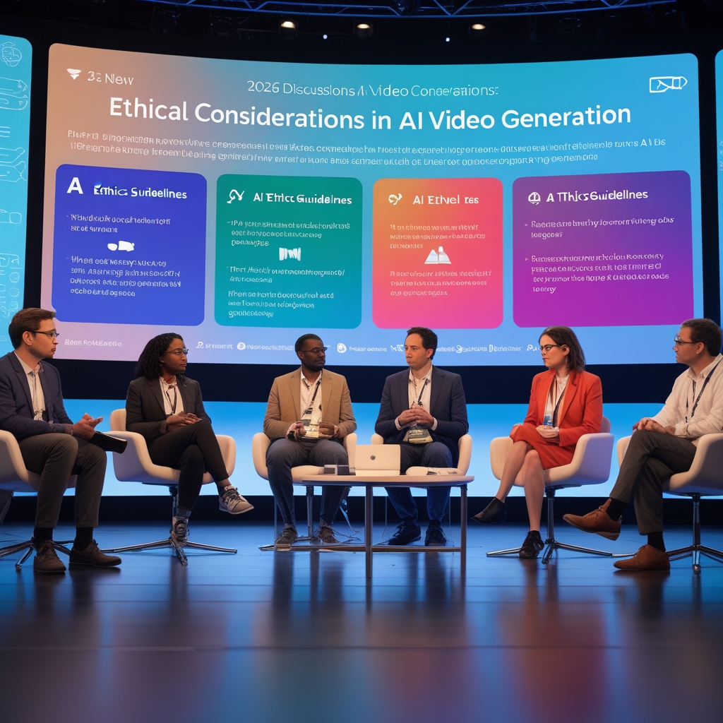 unlock - A panel discussion at a tech conference in 2026, focusing on ethical considerations in AI video generation, with div