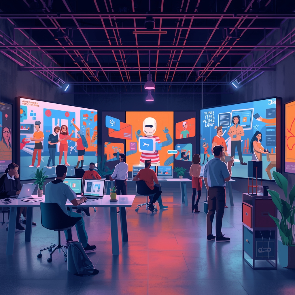 A creative studio bustling with activity, featuring artists using advanced AI video generation tools on large, vibrant screens, showcasing diverse and dynamic brand storytelling visuals, in a modern, well-lit environment