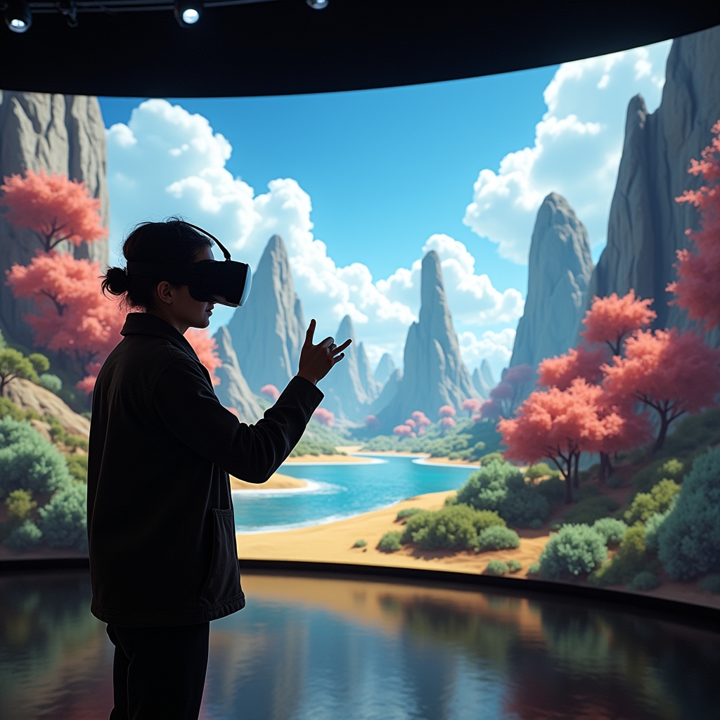 revolutionizing - An immersive video experience using VR, with a user interacting with a digitally constructed world that rep
