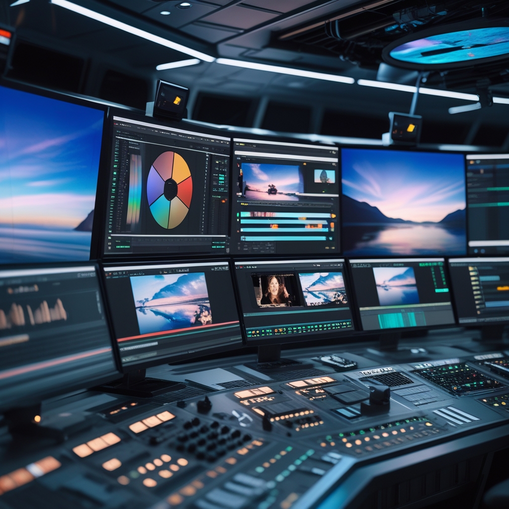 revolutionizing - A futuristic control room with multiple screens displaying advanced AI video editing software, illustrating