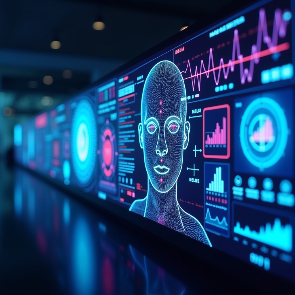 Futuristic AI technology interface showing video personalization features, vibrant digital screens with facial recognition and data analytics, modern sleek design, neon blue and purple lights, high-tech atmosphere, ultra realistic, 8k quality