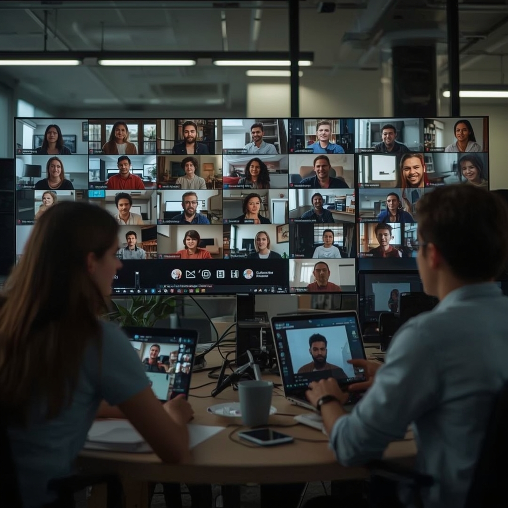 revolutionize - Global video production team collaborating via AI-powered platforms, diverse group of creators discussing on