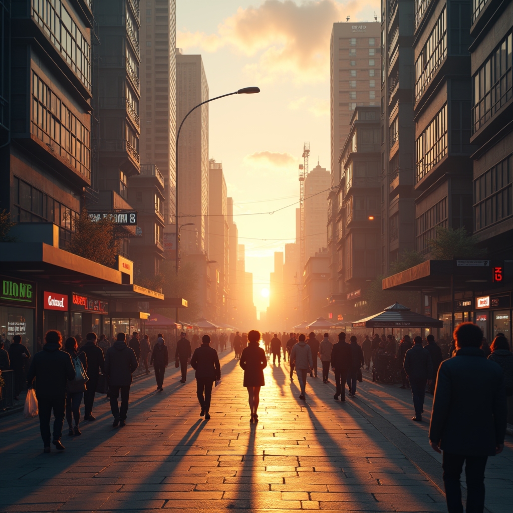 revolutionize - AI-generated photorealistic urban environment, bustling cityscape with hyper-detailed buildings, sunset light