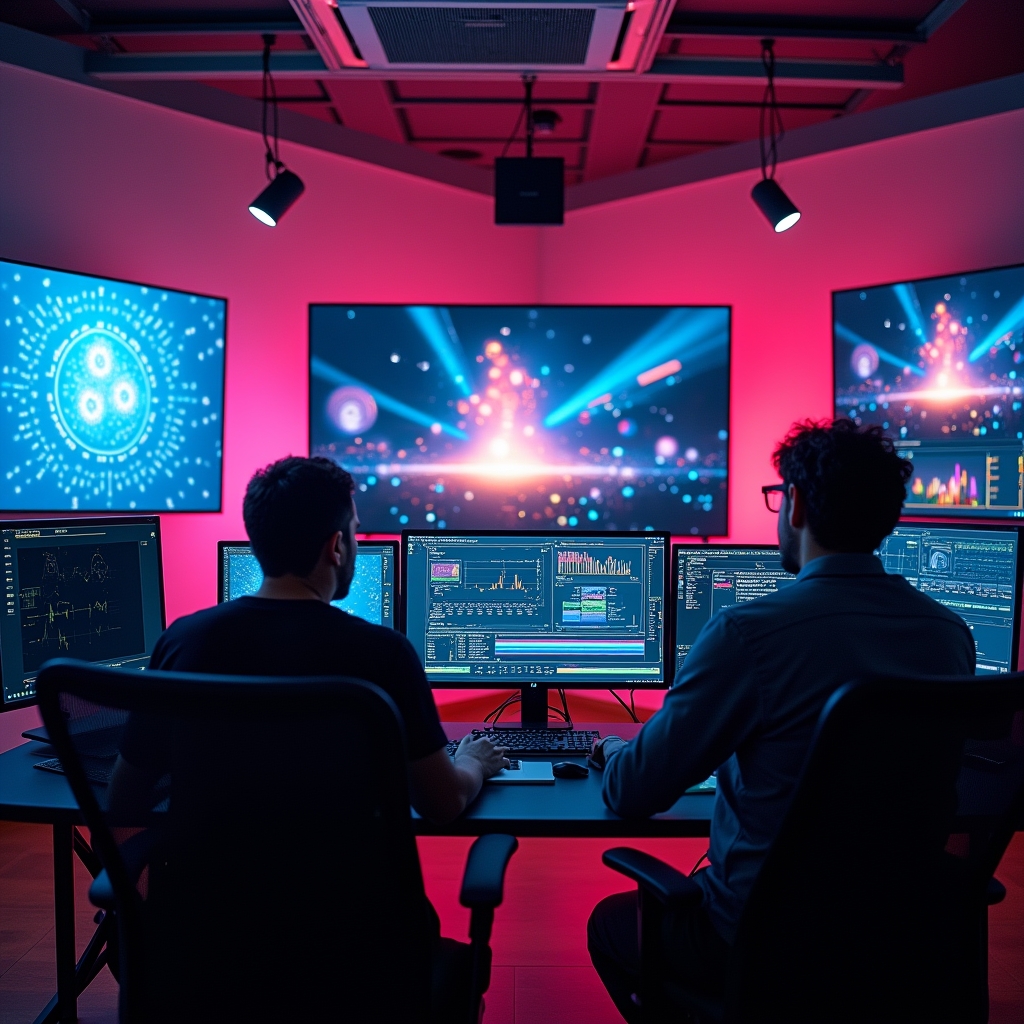 AI video production studio with advanced editing software, screens displaying AI algorithms at work, creative professionals collaborating in a high-tech environment, vibrant and modern, 8k quality