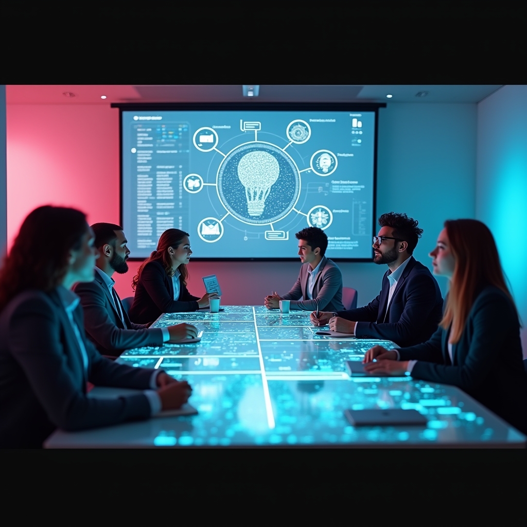 unlocking - creative brainstorming session with AI, diverse group of professionals around a digital table with AI suggestions