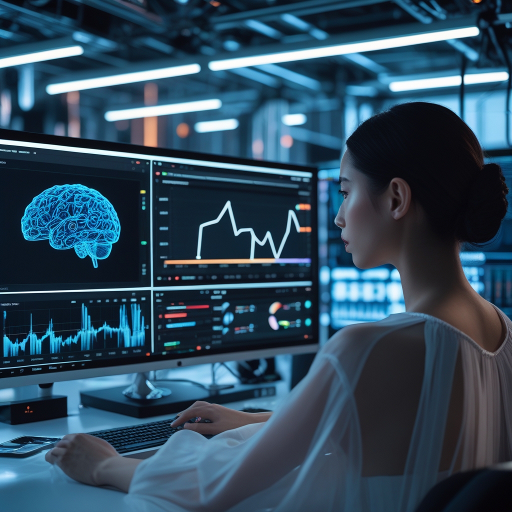 unlocking - futuristic AI technology in video editing, screens showing deep learning models, emotional graphs, and content ad