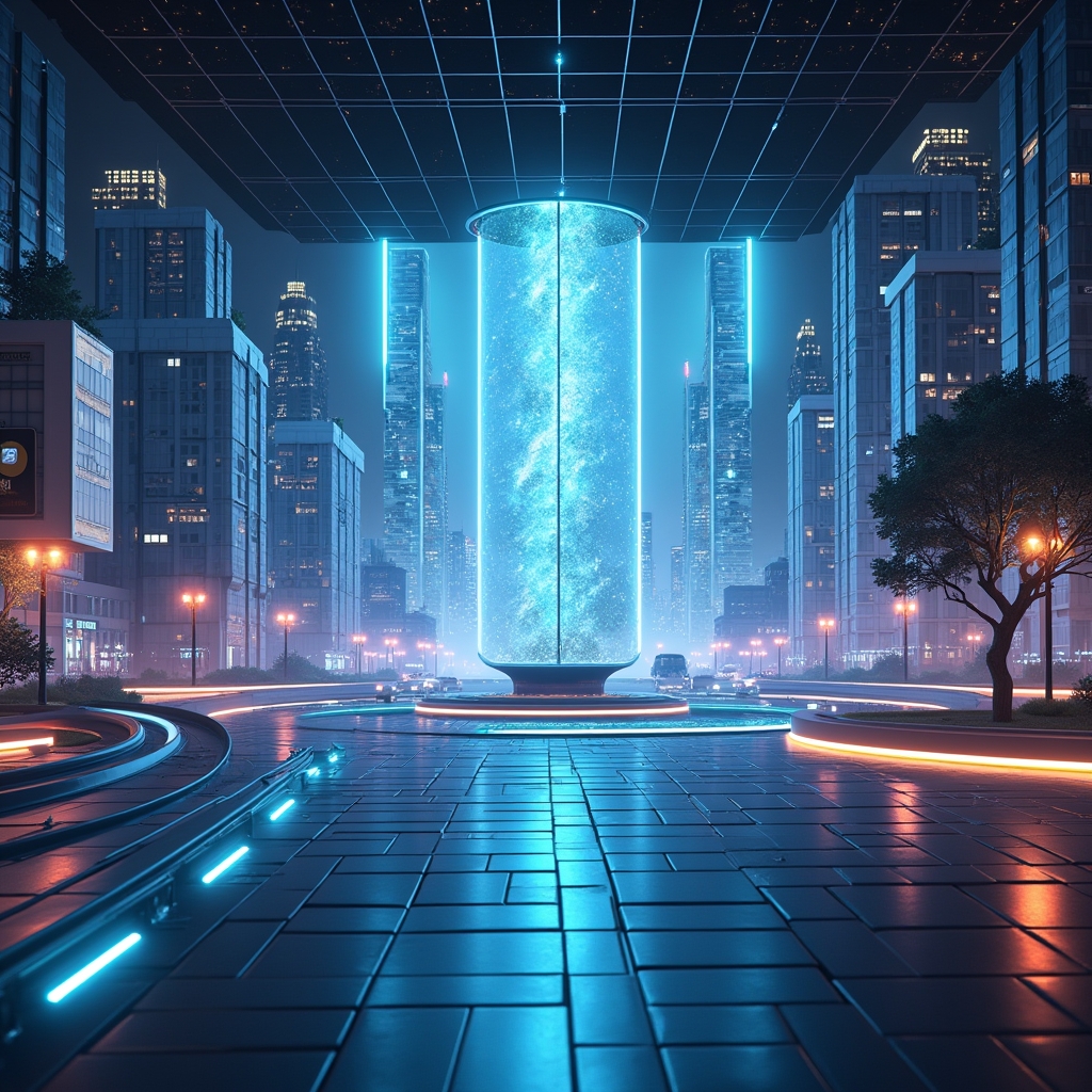 highly detailed, ultra-realistic virtual set design displaying futuristic cityscape for a brand storytelling video, with dynamic lighting and holographic elements, vivid colors, 8k quality