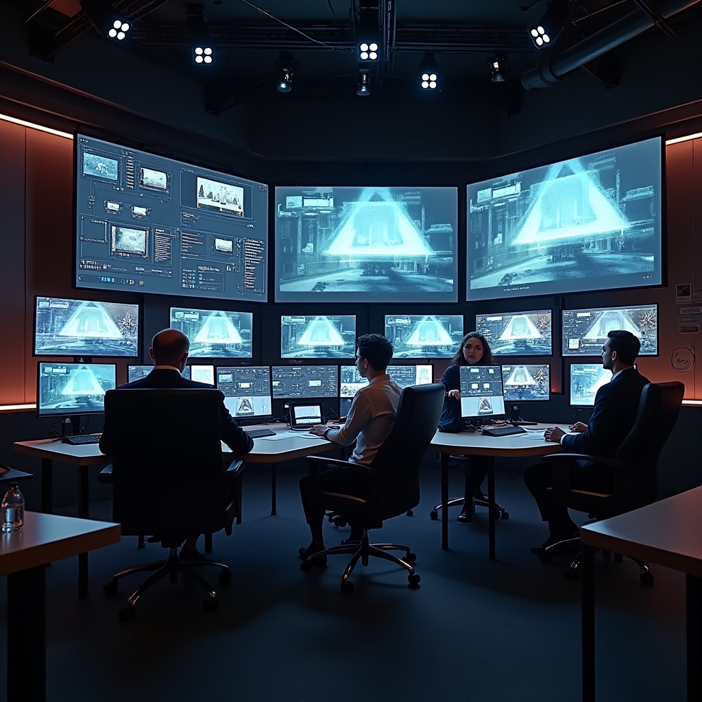 revolutionizing - AI-powered editing suite showing multiple video feeds being automatically processed, color-corrected, and e