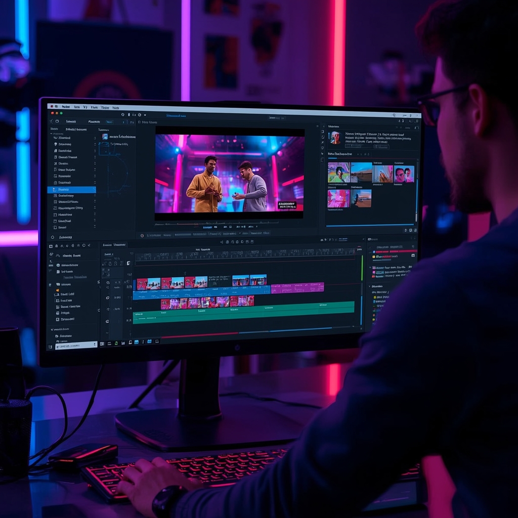 dynamic video editing dashboard showcasing AI tools and features in use, with a user interacting with the software on a modern computer setup, vibrant colors and a high-tech, sleek interface, reflecting an innovative and engaging atmosphere