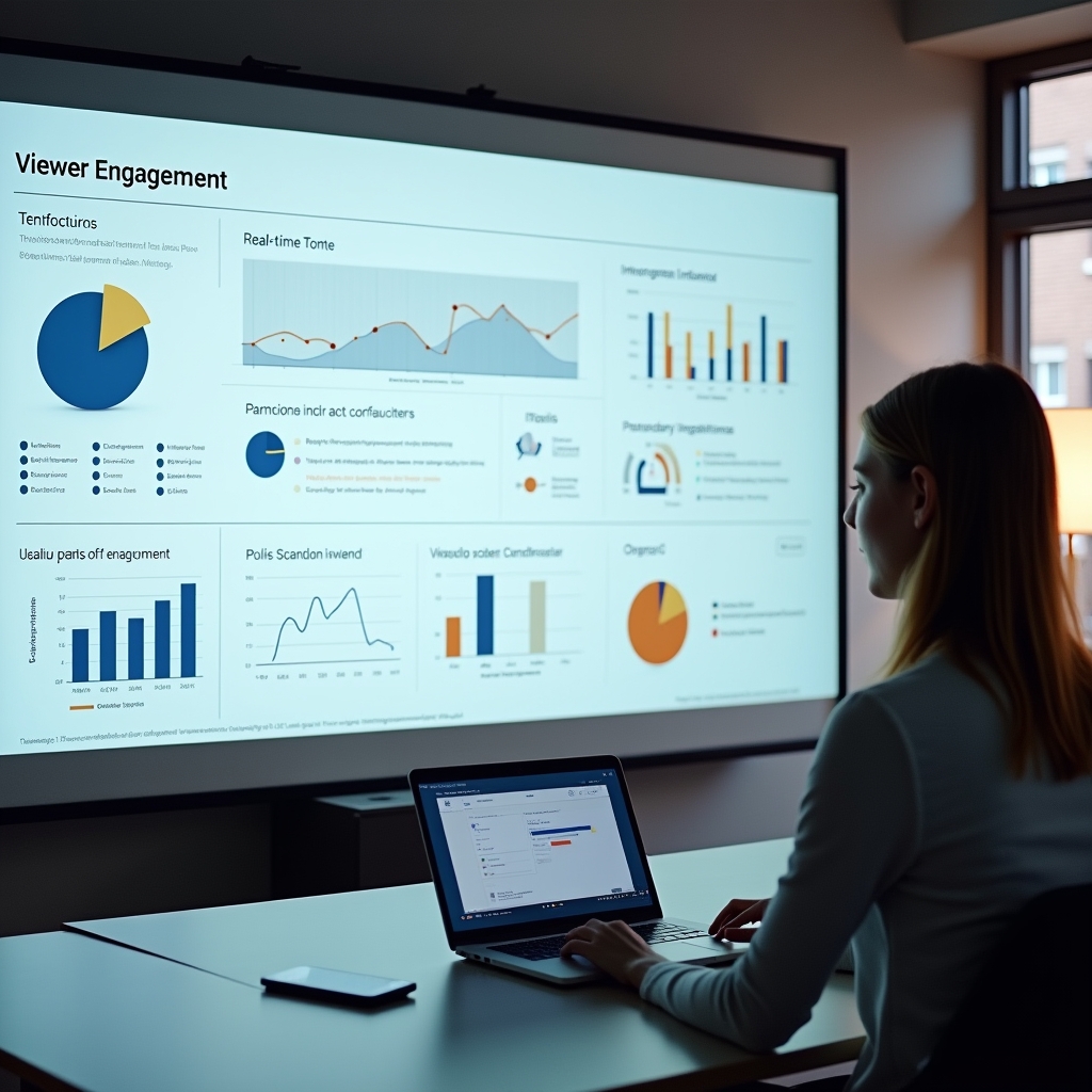 revolutionizing - interactive video screen displaying real-time analytics and viewer engagement metrics, featuring interactiv