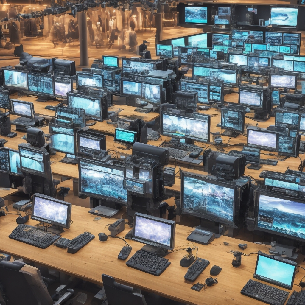 a futuristic video editing suite with multiple screens displaying advanced AI tools, vibrant color grading, and dynamic video timelines, reflecting a high-tech, creative atmosphere