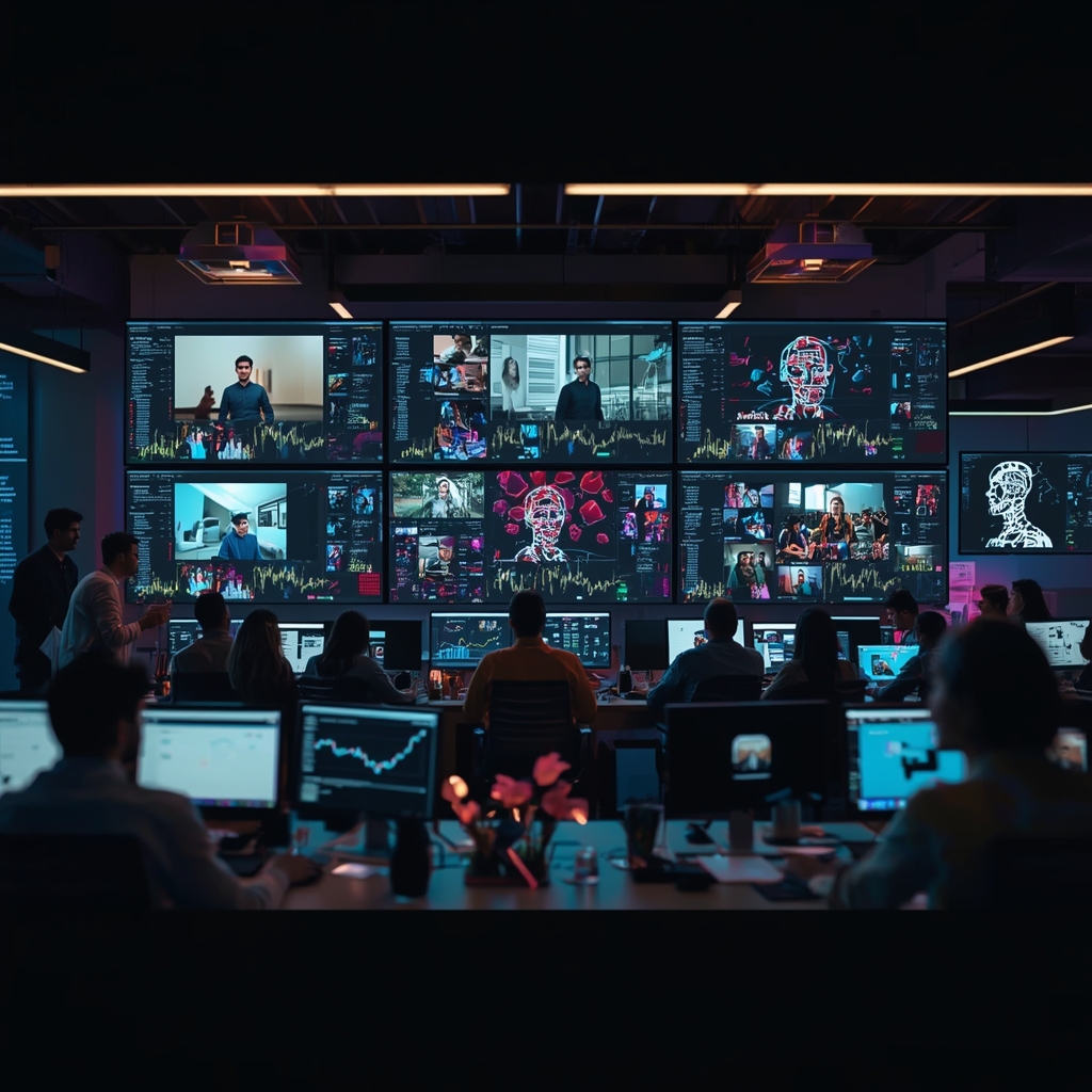 A modern digital marketing agency workspace with multiple screens displaying AI video generation software, showing diverse people and animated graphs, vibrant and busy atmosphere, high-tech, 8k quality