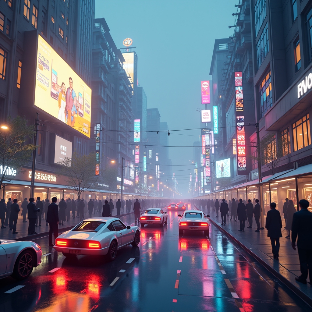 revolutionizing - An AI-generated scene showing a futuristic city with flying cars, holographic advertisements, and diverse A