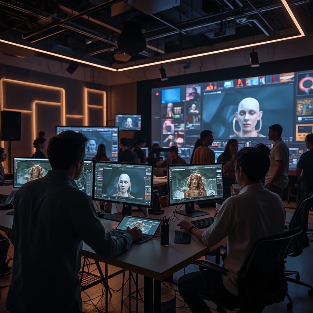 futuristic AI video production studio bustling with activity, screens displaying advanced editing software, artists using gestural interfaces to manipulate 3D objects, ambient lighting that enhances the high-tech feel, a blend of creativity and technology