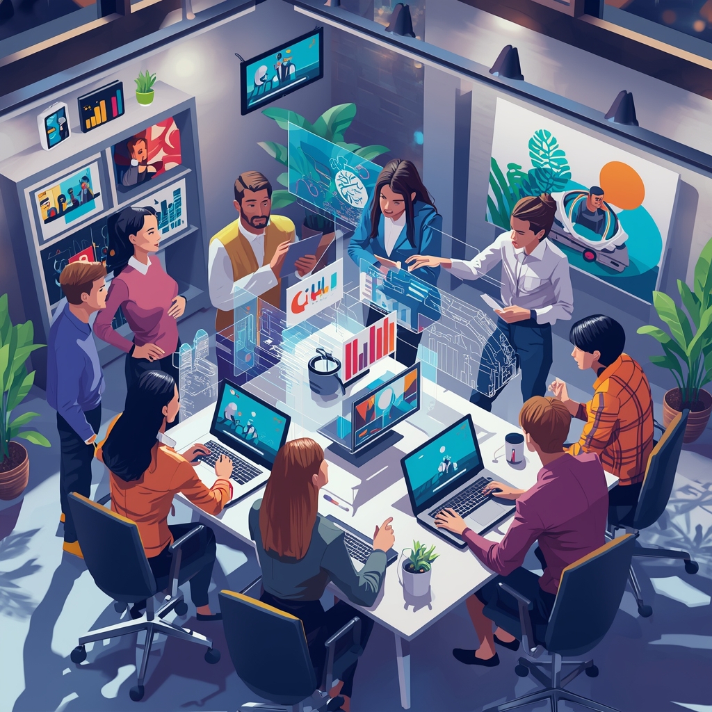 unlock - a creative brainstorming session in a modern office, diverse team of digital artists discussing over holographic dis