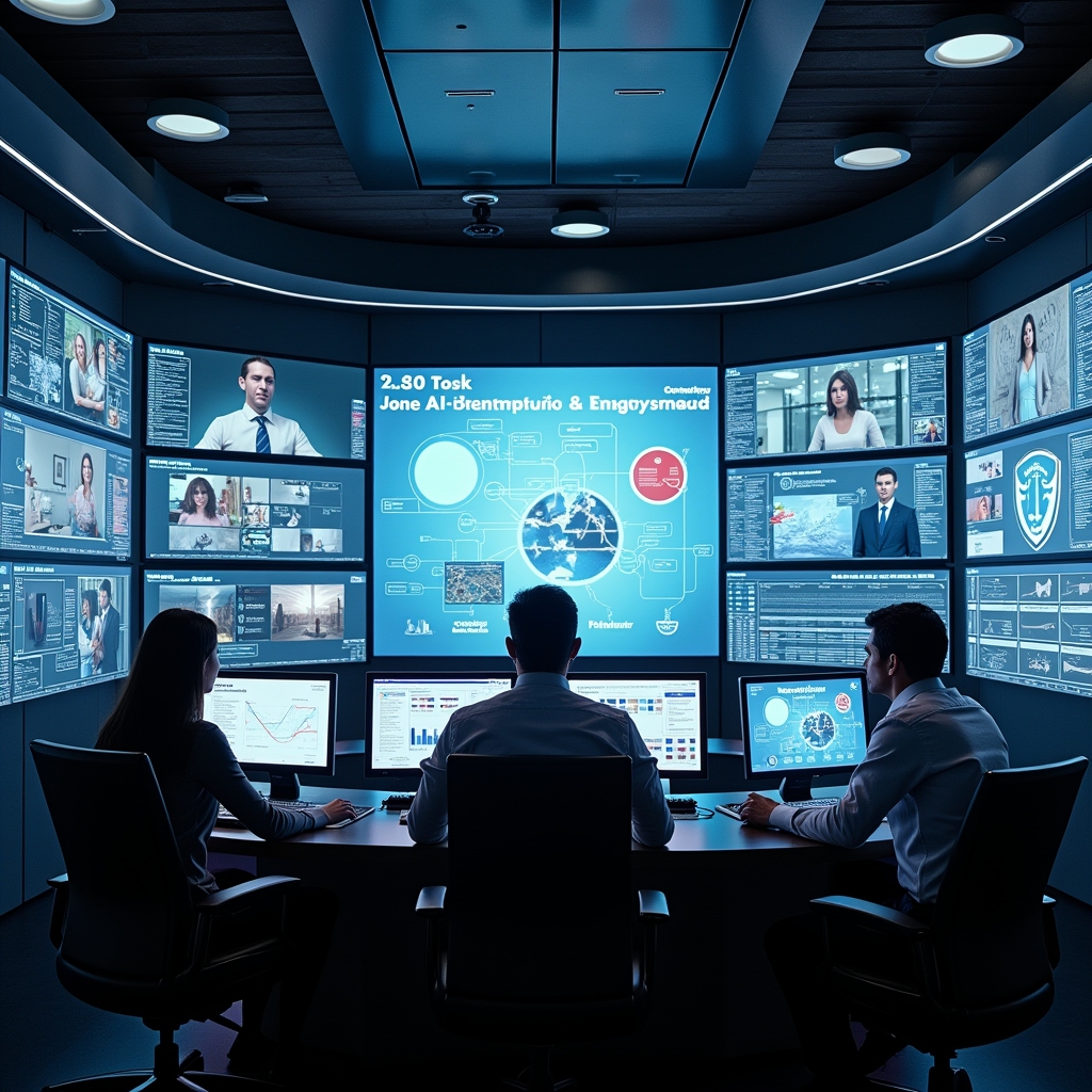 unlock - high-tech control room monitoring AI-generated video content, large screens display analytics and viewer engagement