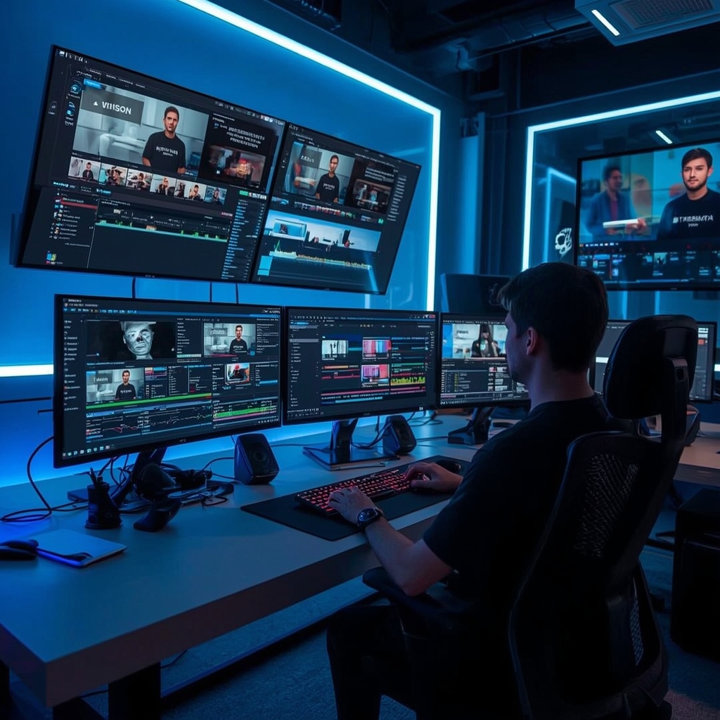 Futuristic AI video editing suite with multiple screens displaying advanced software tools, creators using AI to generate personalized video content, high-tech, ultramodern atmosphere