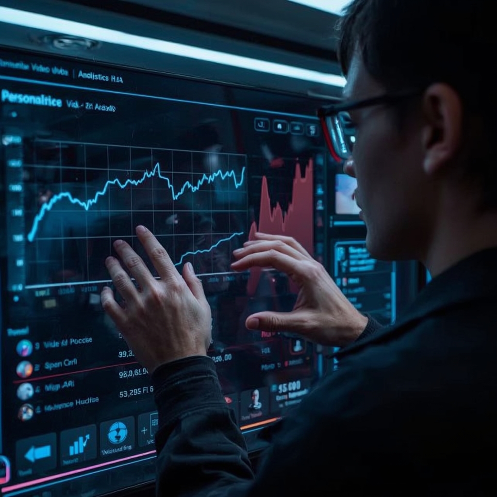 unlock - Close-up of a content creator reviewing personalized video analytics on a futuristic AI interface, reflecting the in