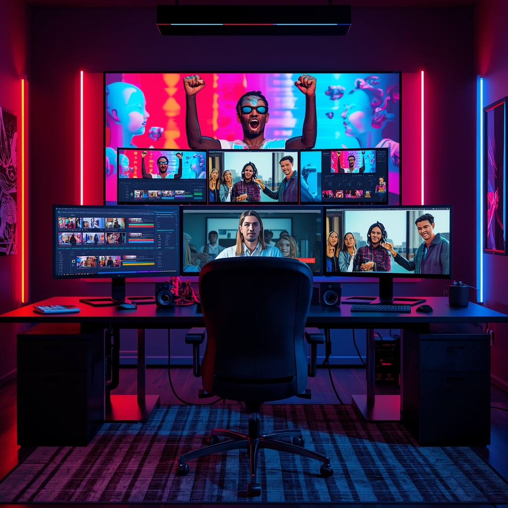 dynamic video editing suite displaying multiple AI-generated influencer campaign videos on high-resolution monitors, vibrant colors, modern design